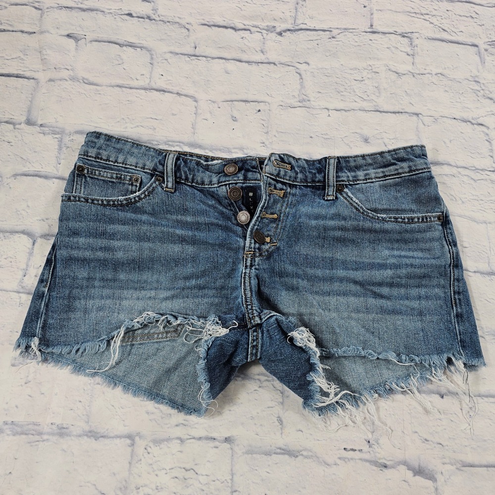 Lucky Brand The Cut Off Shorts Women 8/29 Blue Button Fly Raw Hem Distressed
